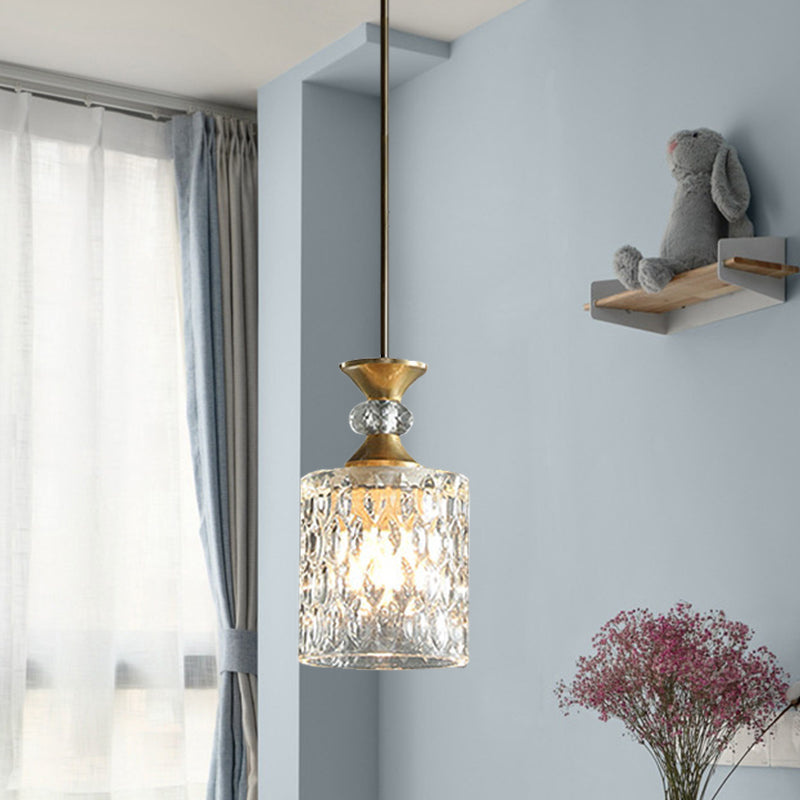 Gold Crystal Drop Lamp Postmodern Pendant For Restaurant Down Lighting - K9 1-Bulb Column Design
