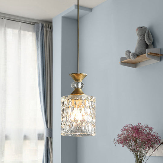 Gold Crystal Drop Lamp Postmodern Pendant For Restaurant Down Lighting - K9 1-Bulb Column Design