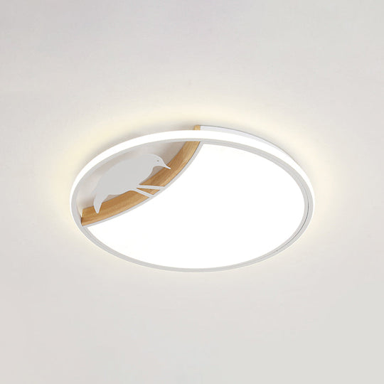 Nordic Round Led Flush Mount With Bird Deco - White/Grey/Green Acrylic Fixture