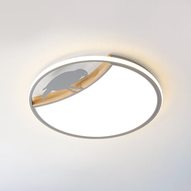 Nordic Round Led Flush Mount With Bird Deco - White/Grey/Green Acrylic Fixture