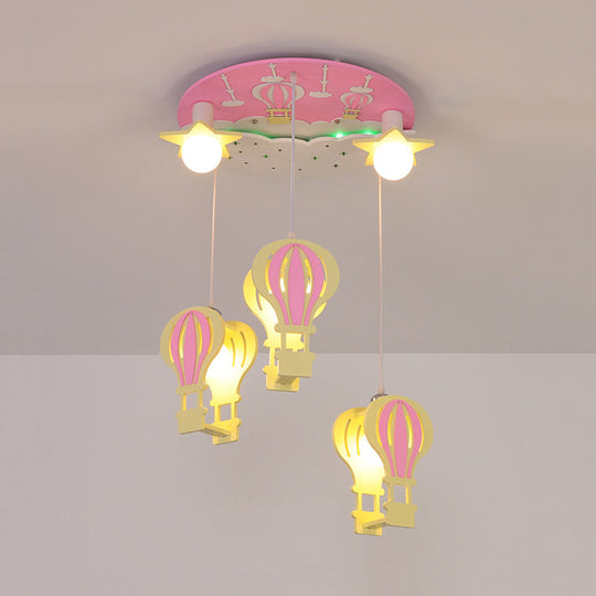 Cartoon Wooden Hot Air Balloon Semi Flush Ceiling Light With 5 Bulbs For Nursery