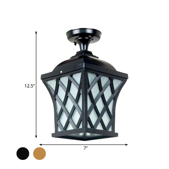 Opal Glass Lantern Semi Flush Mount Country Balcony Light In Black/Bronze - Metal X - Frame 1