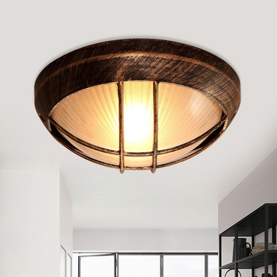 Frosted Ribbed Glass Flush Mount Ceiling Light In Rustic Bronze With Metal Cage - 1 - Light Porch