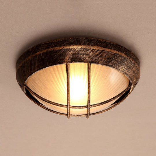 Frosted Ribbed Glass Flush Mount Ceiling Light In Rustic Bronze With Metal Cage - 1 - Light Porch