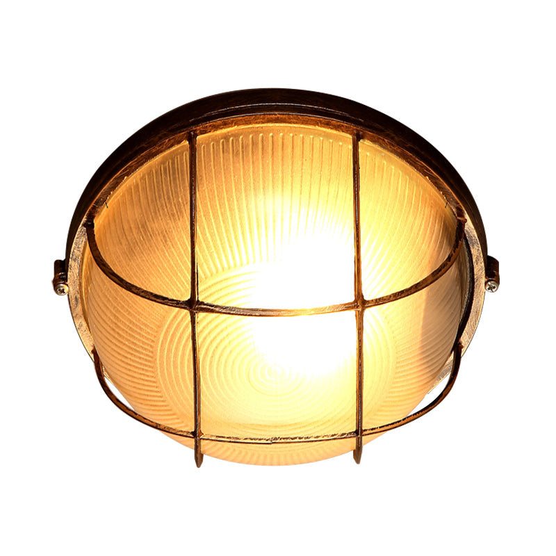 Frosted Ribbed Glass Flush Mount Ceiling Light In Rustic Bronze With Metal Cage - 1 - Light Porch