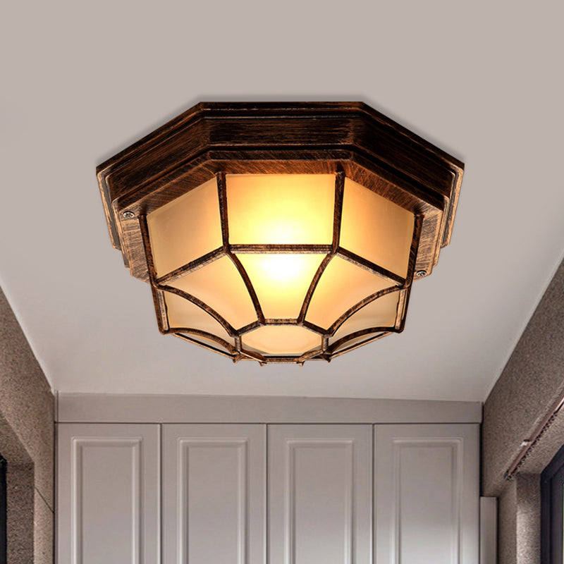 Bronze Lodge Flush Mount Ceiling Light With Frosted Glass & Cage - 1 Octagonal Fixture