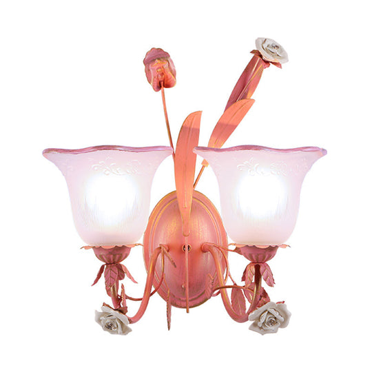 Stunning Pink Frosted Glass Bellflower Wall Sconce With Crystal Accent: Countryside 1/2-Light Lamp