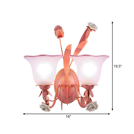 Stunning Pink Frosted Glass Bellflower Wall Sconce With Crystal Accent: Countryside 1/2-Light Lamp