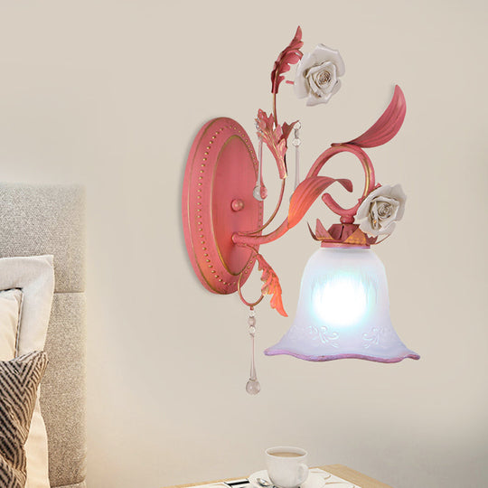 Stunning Pink Frosted Glass Bellflower Wall Sconce With Crystal Accent: Countryside 1/2-Light Lamp
