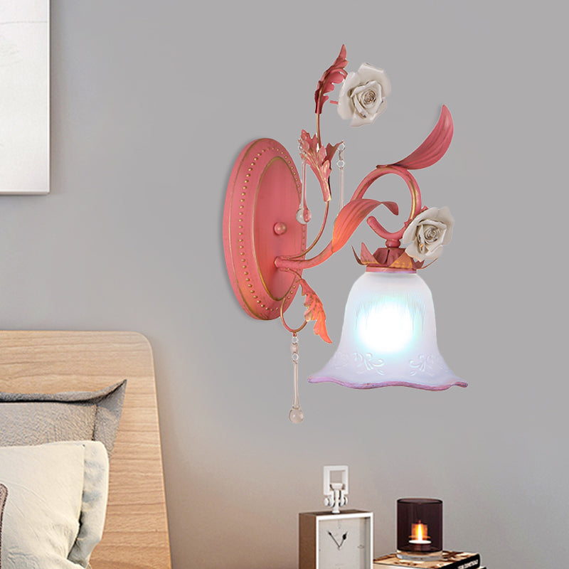 Stunning Pink Frosted Glass Bellflower Wall Sconce With Crystal Accent: Countryside 1/2-Light Lamp