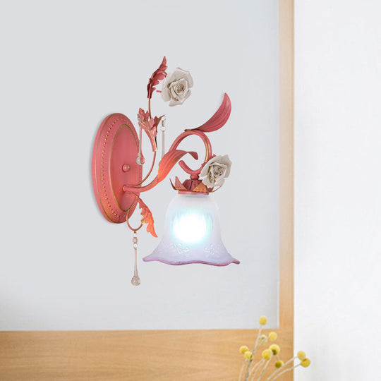 Stunning Pink Frosted Glass Bellflower Wall Sconce With Crystal Accent: Countryside 1/2-Light Lamp
