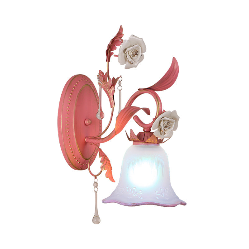 Stunning Pink Frosted Glass Bellflower Wall Sconce With Crystal Accent: Countryside 1/2-Light Lamp