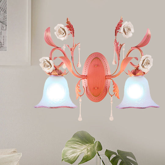 Stunning Pink Frosted Glass Bellflower Wall Sconce With Crystal Accent: Countryside 1/2-Light Lamp