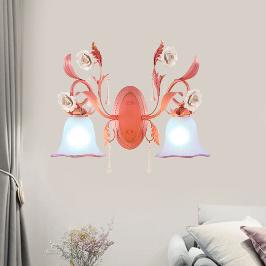 Stunning Pink Frosted Glass Bellflower Wall Sconce With Crystal Accent: Countryside 1/2-Light Lamp