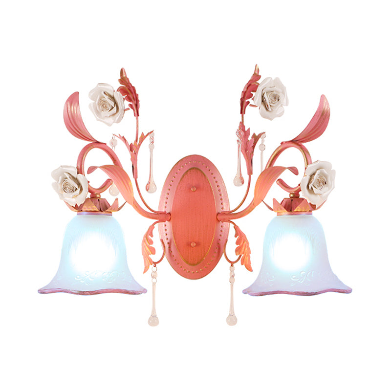 Stunning Pink Frosted Glass Bellflower Wall Sconce With Crystal Accent: Countryside 1/2-Light Lamp