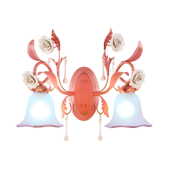 Stunning Pink Frosted Glass Bellflower Wall Sconce With Crystal Accent: Countryside 1/2-Light Lamp