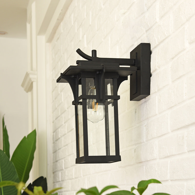 Rustic Outdoor Wall Sconce Light - Retro Lantern Style With Clear Water Glass Bronze/Black Finish