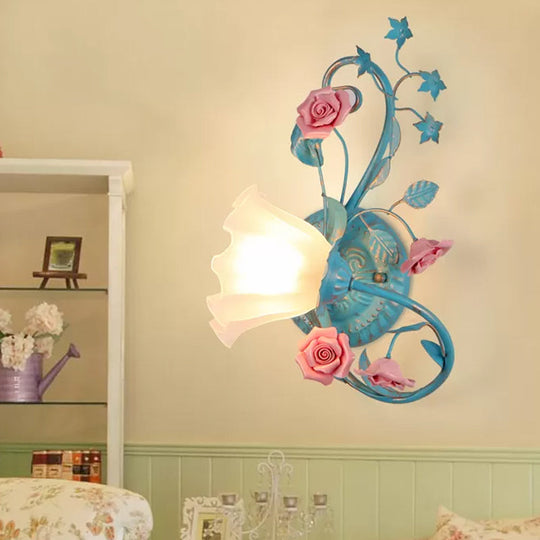 Opal Matte Glass Wall Lamp - Pastel Blue-Pink/Blue-White Scroll Flower Sconce Light (Left/Right)