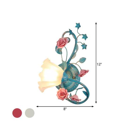 Opal Matte Glass Wall Lamp - Pastel Blue-Pink/Blue-White Scroll Flower Sconce Light (Left/Right)