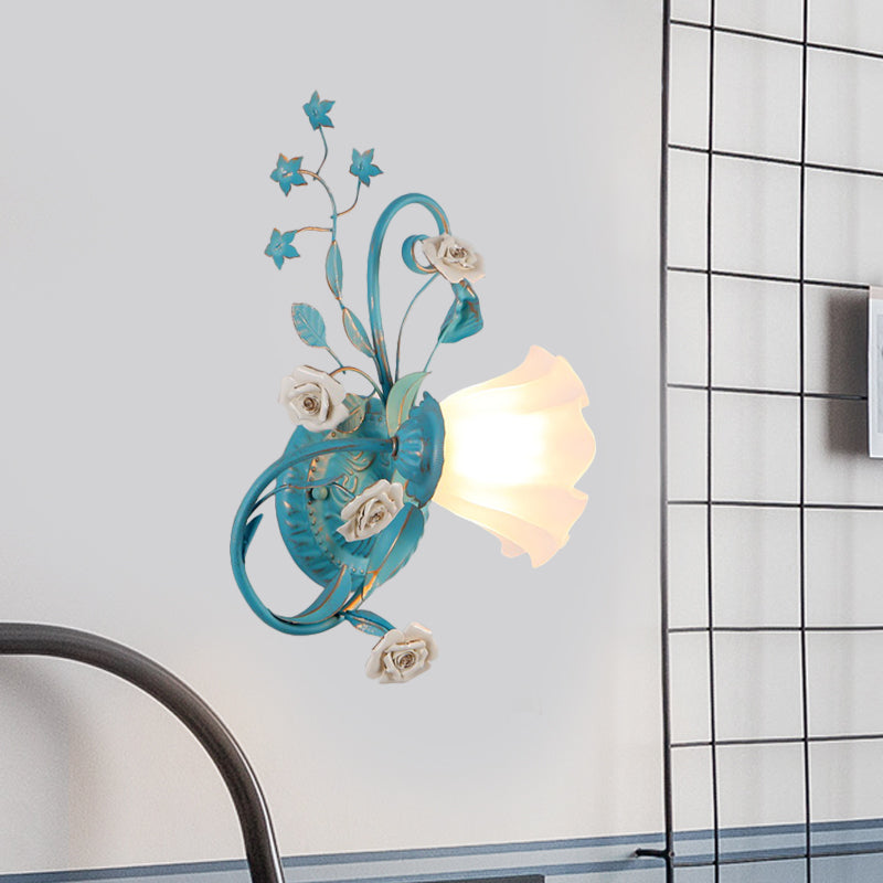 Opal Matte Glass Wall Lamp - Pastel Blue-Pink/Blue-White Scroll Flower Sconce Light (Left/Right)
