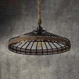 Vintage Rope And Metal Conic Cage Restaurant Suspension Light - Aged Silver/Black