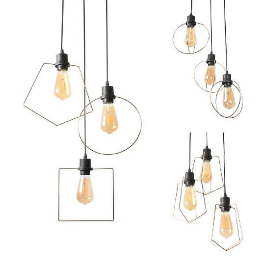 Industrial Metal Ceiling Pendant Fixture With 3 Suspended Lights - Gold Ring/Pentagon/Admix