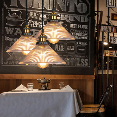 Industrial Brass Cone Pendant Light With Ribbed Glass - Perfect For Dining Rooms 3 Lights And