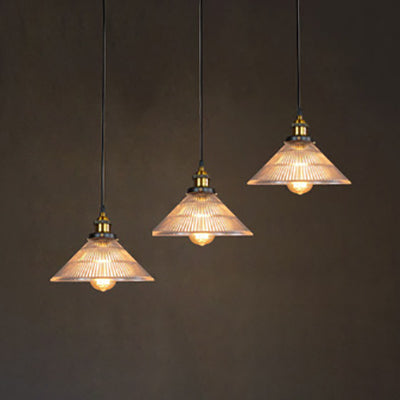 Industrial Brass Cone Pendant Light With Ribbed Glass - Perfect For Dining Rooms 3 Lights And