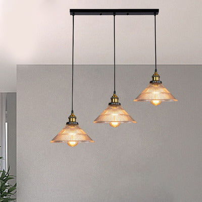 Industrial Brass Ribbed Glass Pendant Lighting - 3-Light Cone Hanging Light For Dining Room