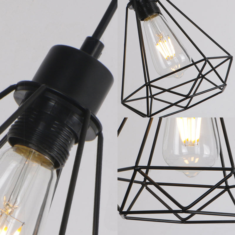 Retro Style 3-Headed Metallic Wire Frame Hanging Lamp With Diamond Shade - Indoor Ceiling Light In