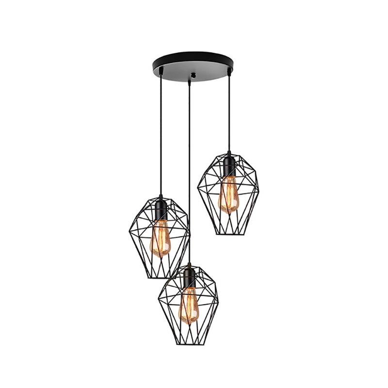 Geometric Vintage Ceiling Pendant Lamp - Metallic Black Suspended Light With 3 Bulbs Cage Shade