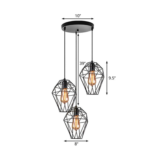 Geometric Vintage Ceiling Pendant Lamp - Metallic Black Suspended Light With 3 Bulbs Cage Shade