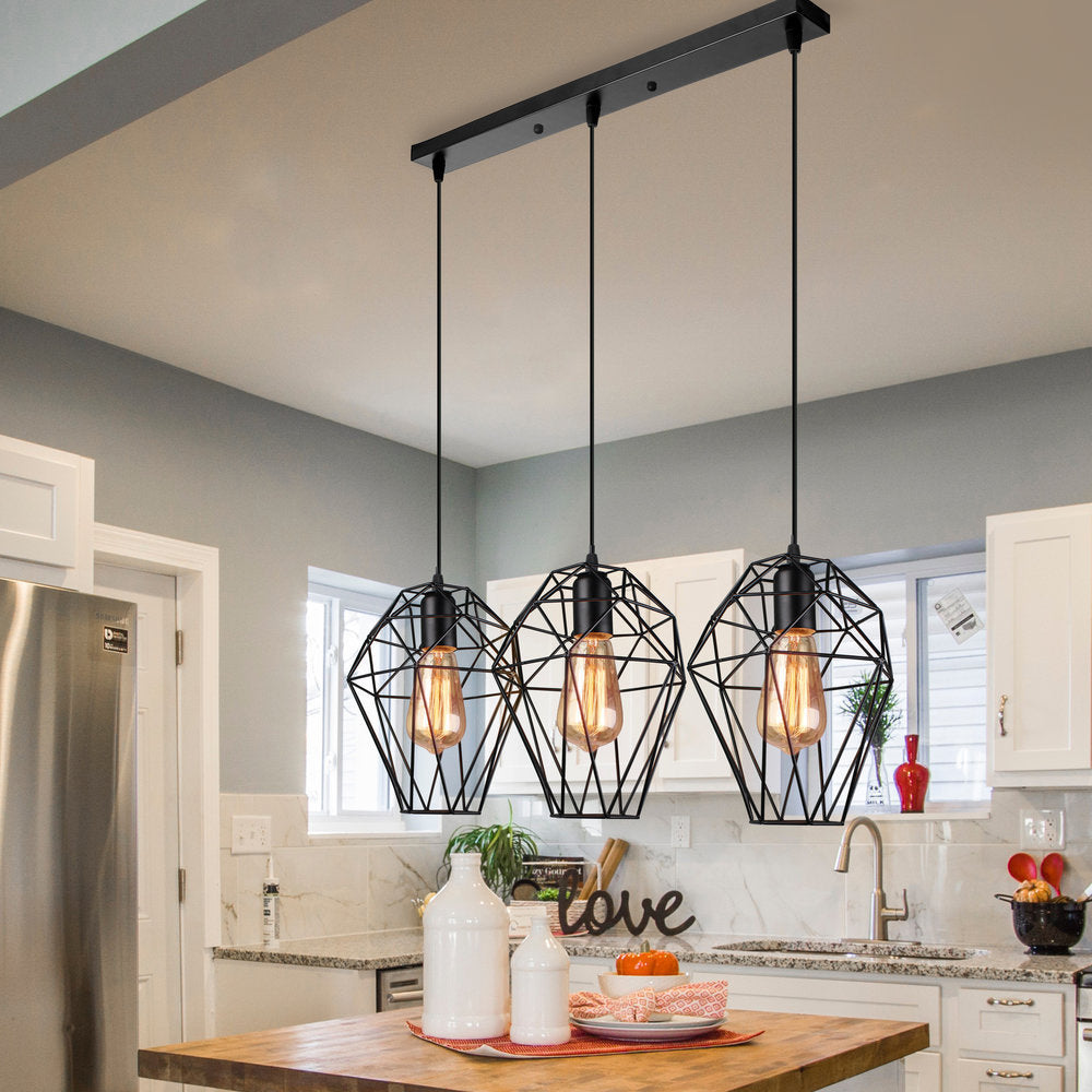 Geometric Vintage Ceiling Pendant Lamp - Metallic Black Suspended Light With 3 Bulbs Cage Shade