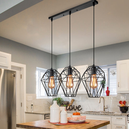 Geometric Vintage Ceiling Pendant Lamp - Metallic Black Suspended Light With 3 Bulbs Cage Shade