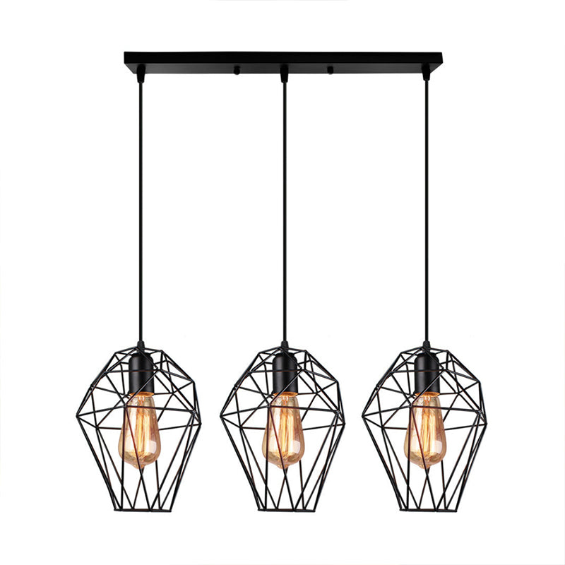 Geometric Vintage Ceiling Pendant Lamp - Metallic Black Suspended Light With 3 Bulbs Cage Shade