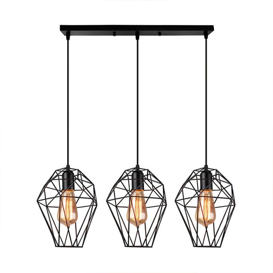 Geometric Vintage Ceiling Pendant Lamp - Metallic Black Suspended Light With 3 Bulbs Cage Shade