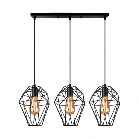 Vintage Geometric Pendant Lamp With Metallic Black Cage Shade And 3-Bulb Suspension For Ceiling