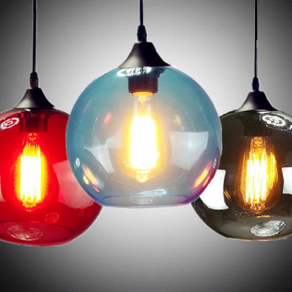 Industrial Pendant Light With Globe Glass Shade In Red Blue Or Grey - 8’/10’ Wide Black