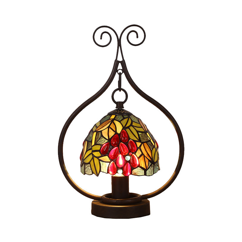 Tiffany Stained Glass Grape Pattern Night Lamp - 1-Light Table Lighting With Bronze Swirl Frame