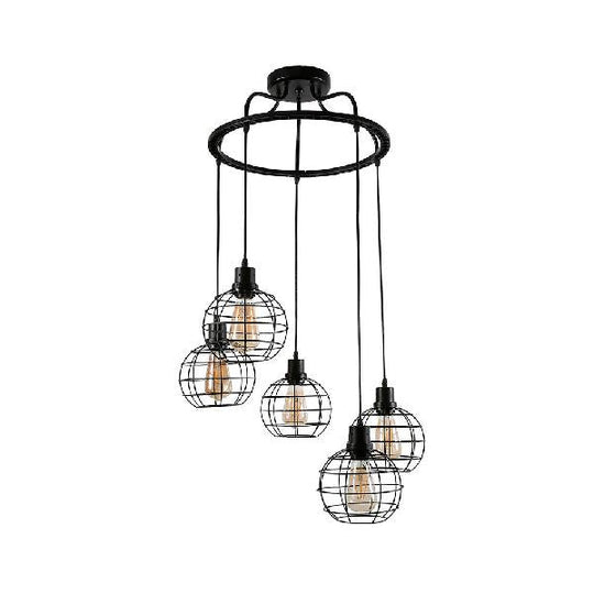 Vintage Black Wire Cage Ceiling Light With Globe Shade 3/4/5 Head Options