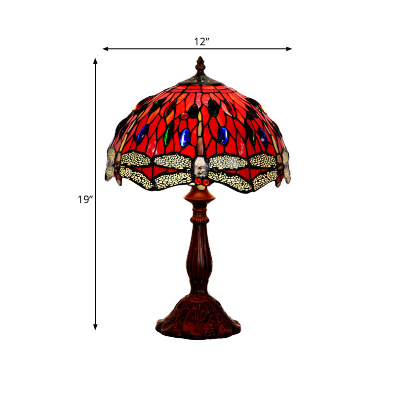 Giedi - Laburnum Table Light 1-Light Red Glass Tiffany Nightstand Lamp With Gem-Like Cabochons In