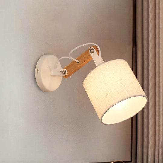 Modernist Fabric Cylinder Wall Lamp With Adjustable Wood Arm And White Bulb