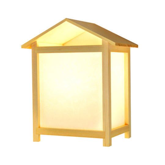 Japanese-Style Sconce Lamp With Parchment Shade - Wood House Shape Wall Light