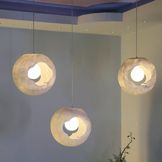 Modern White Pendulum Hanging Lamp Kit With Laser-Cut Ball Resin Shade - 1 Bulb Bedroom Light