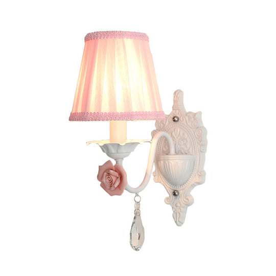 Pleated Fabric Wall Sconce: Pastoral Pink/Blue Bedside Light With Rose Decor
