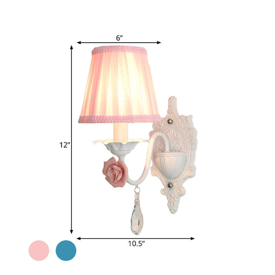 Pleated Fabric Wall Sconce: Pastoral Pink/Blue Bedside Light With Rose Decor
