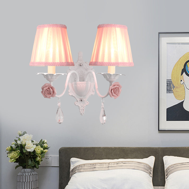 Pleated Fabric Wall Sconce: Pastoral Pink/Blue Bedside Light With Rose Decor