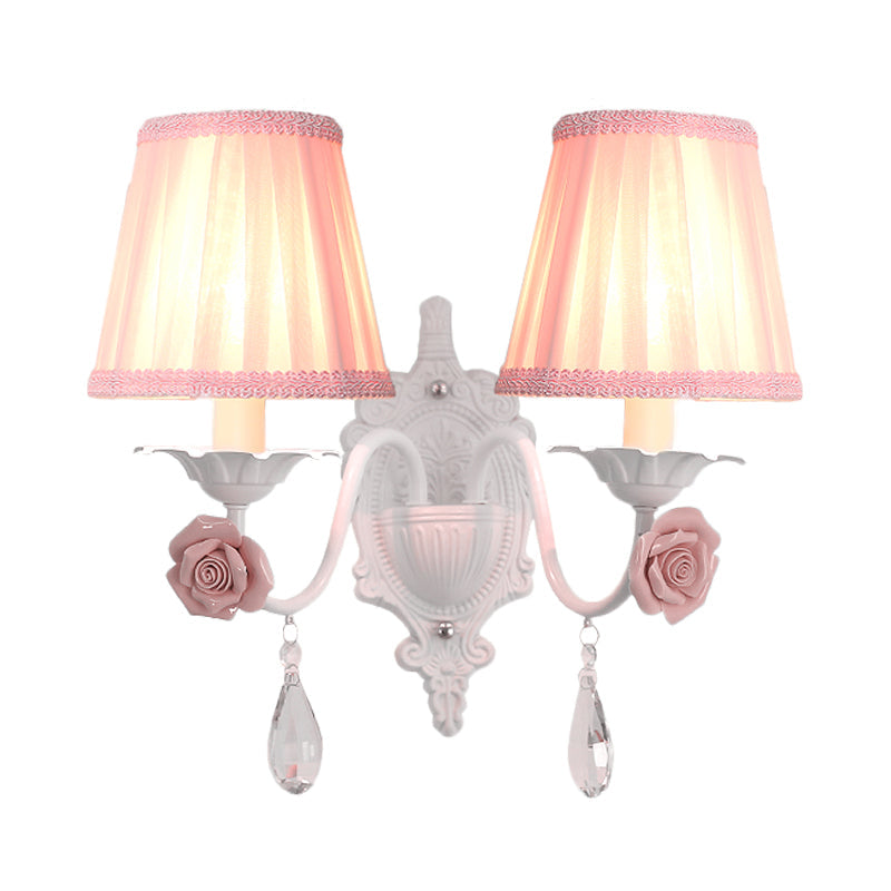 Pleated Fabric Wall Sconce: Pastoral Pink/Blue Bedside Light With Rose Decor
