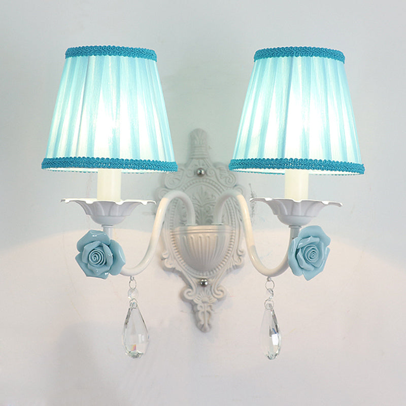 Pleated Fabric Wall Sconce: Pastoral Pink/Blue Bedside Light With Rose Decor