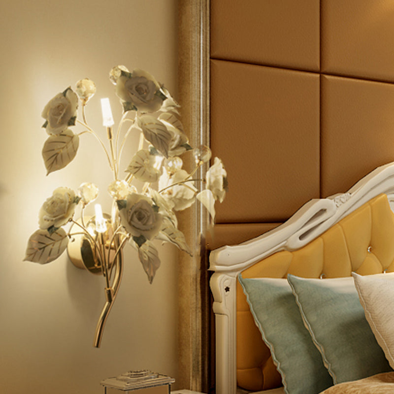 Pastoral Ceramic 3-Light Flower Wall Sconce For Bedroom - White/Red/Green White